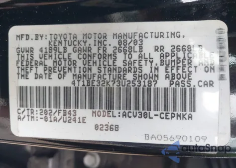 2003 Toyota Camry Le из США, поврежденный, VIN 4T1BE32K73U253187